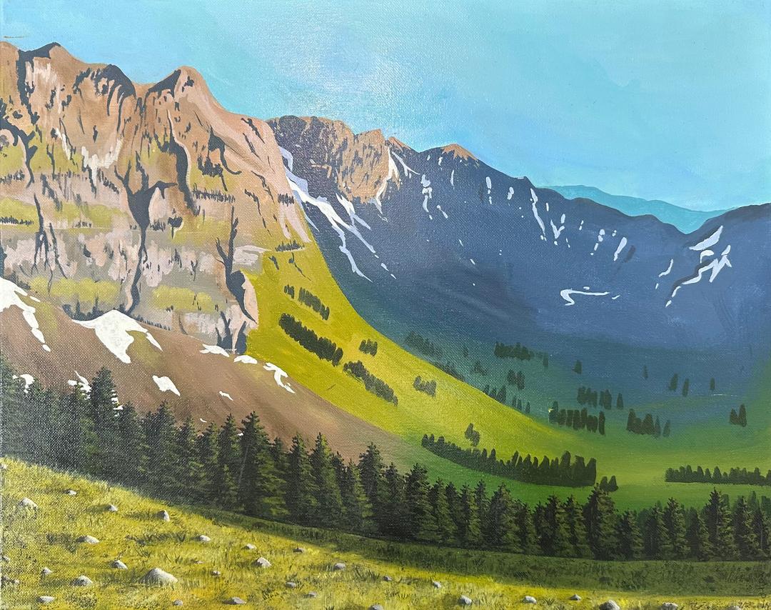 Painting of a green mountain